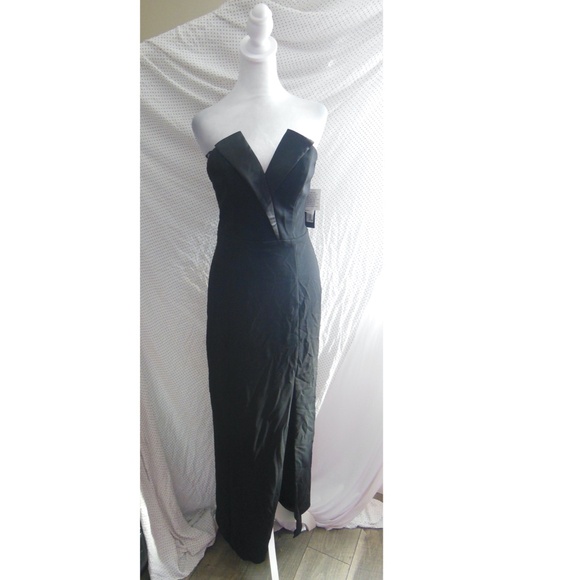 NEW BETSY & ADAM Black STRETCH CREPE Tux Detail STRAPLESS Lapel COLUMN GOWN 10 - Picture 6 of 16
